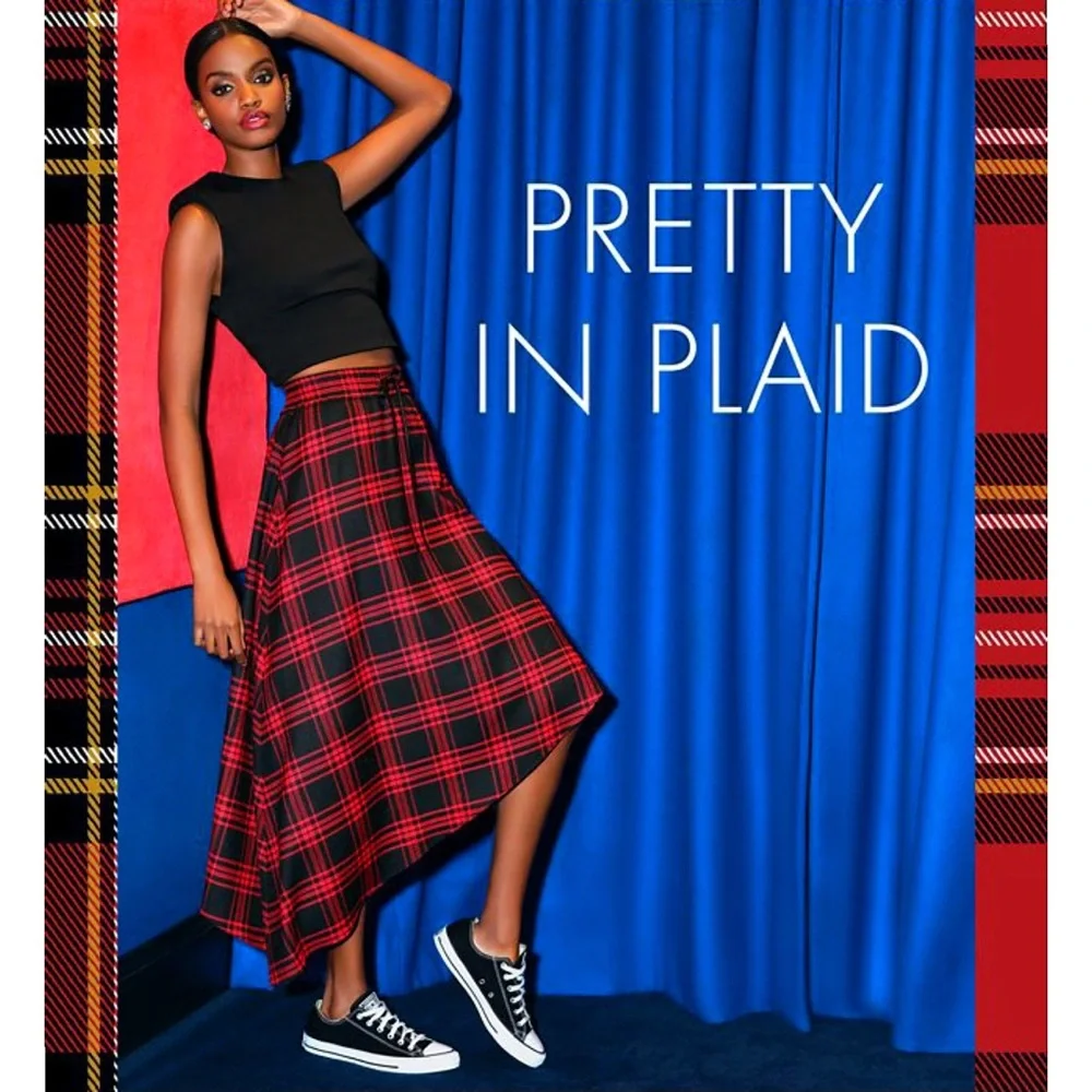 Alice + Olivia Natalina Plaid High-Low Asymmetrical Red Black Midi Skirt